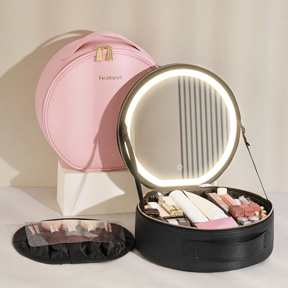 PU Multifunctional Toiletries Organizer with LED Mirror Makeup Case Light 3 Color Adjust Brightness Touch Switch for Women Girls