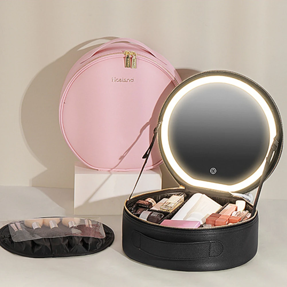 PU Multifunctional Toiletries Organizer with LED Mirror Makeup Case Light 3 Color Adjust Brightness Touch Switch for Women Girls