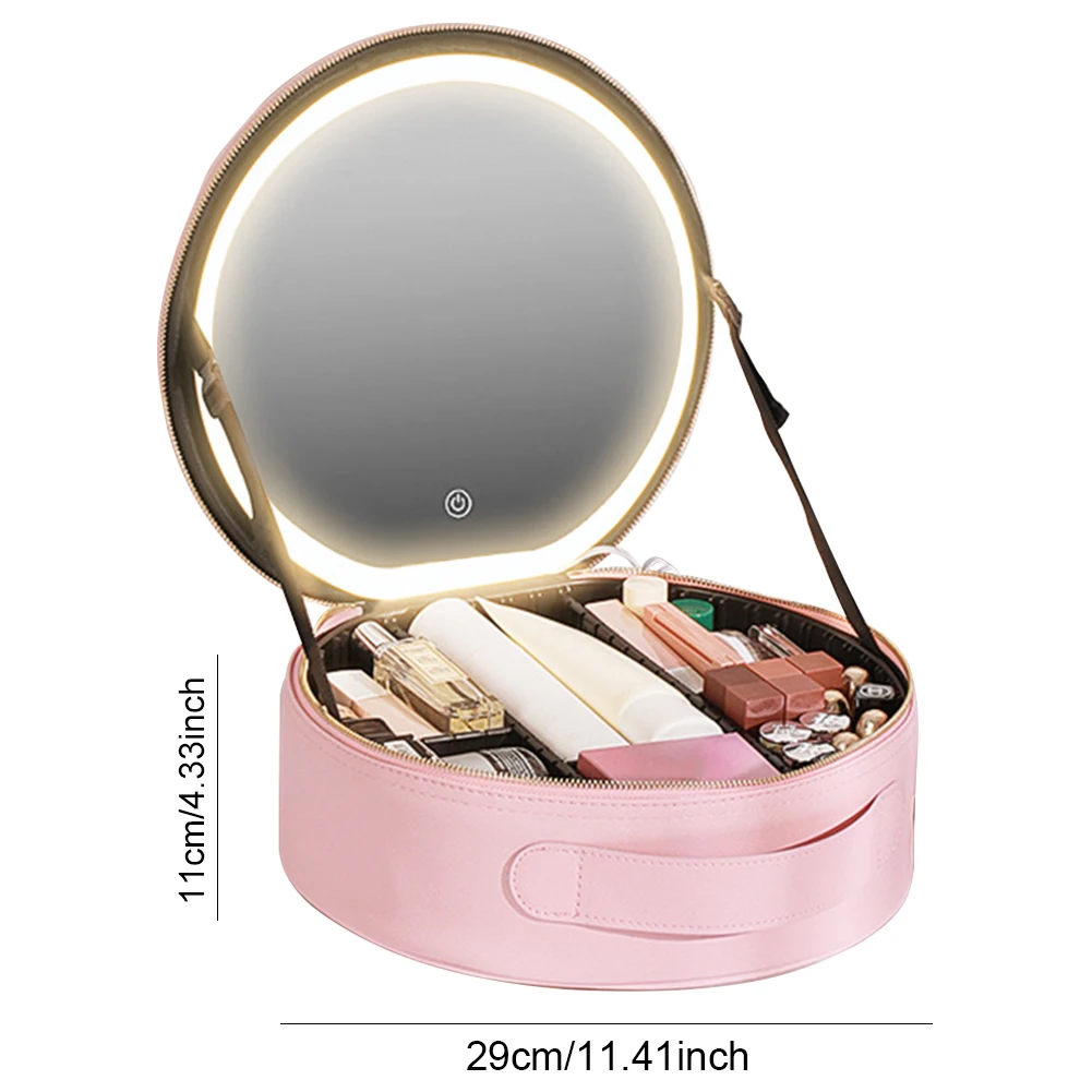 PU Multifunctional Toiletries Organizer with LED Mirror Makeup Case Light 3 Color Adjust Brightness Touch Switch for Women Girls