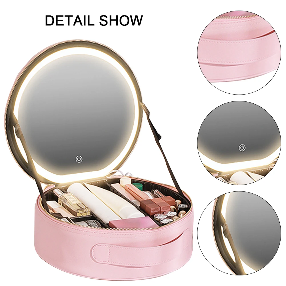 PU Multifunctional Toiletries Organizer with LED Mirror Makeup Case Light 3 Color Adjust Brightness Touch Switch for Women Girls