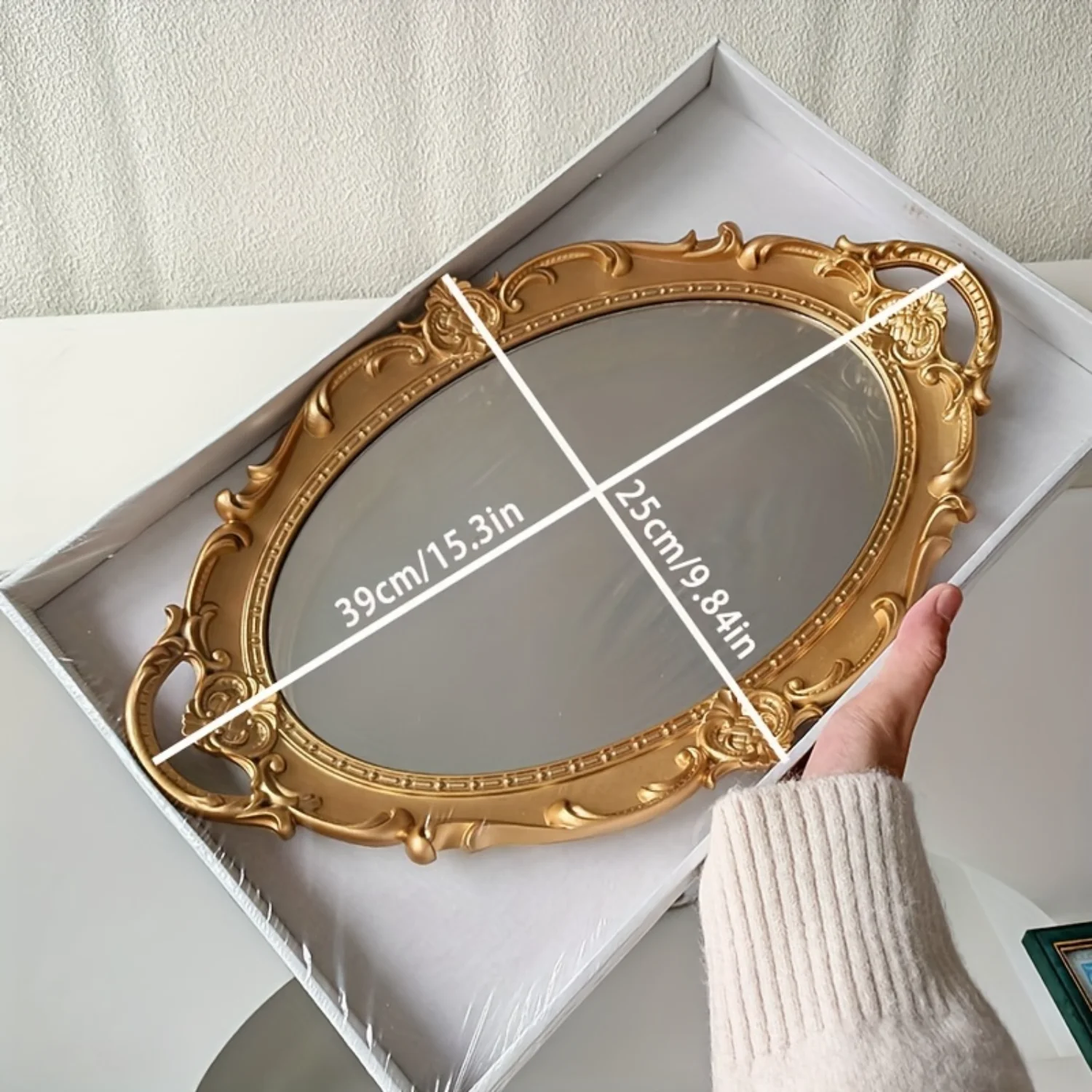 1pc Vintage Decorative Mirror Tray, Portable Mirror Tray With Handle, Jewelry Dresser Organizer Tray, Cosmetics Makeup  Organize