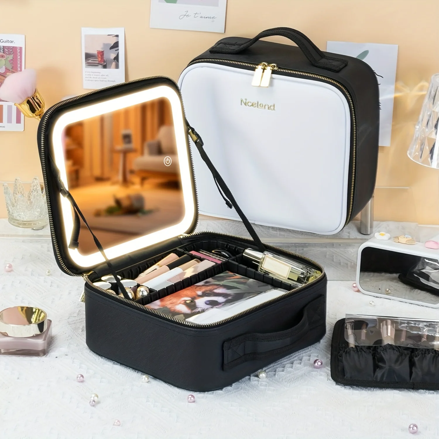 Portable Makeup Bag with Mirror and Light for Travel - Cosmetic Organizer