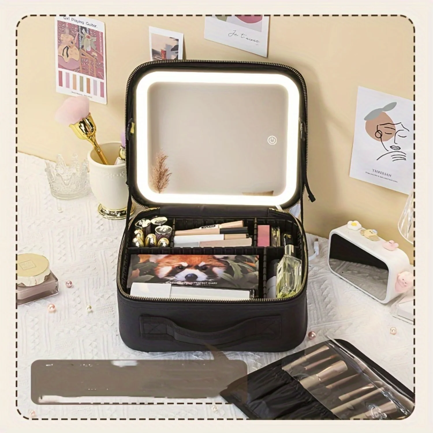 Portable Makeup Bag with Mirror and Light for Travel - Cosmetic Organizer