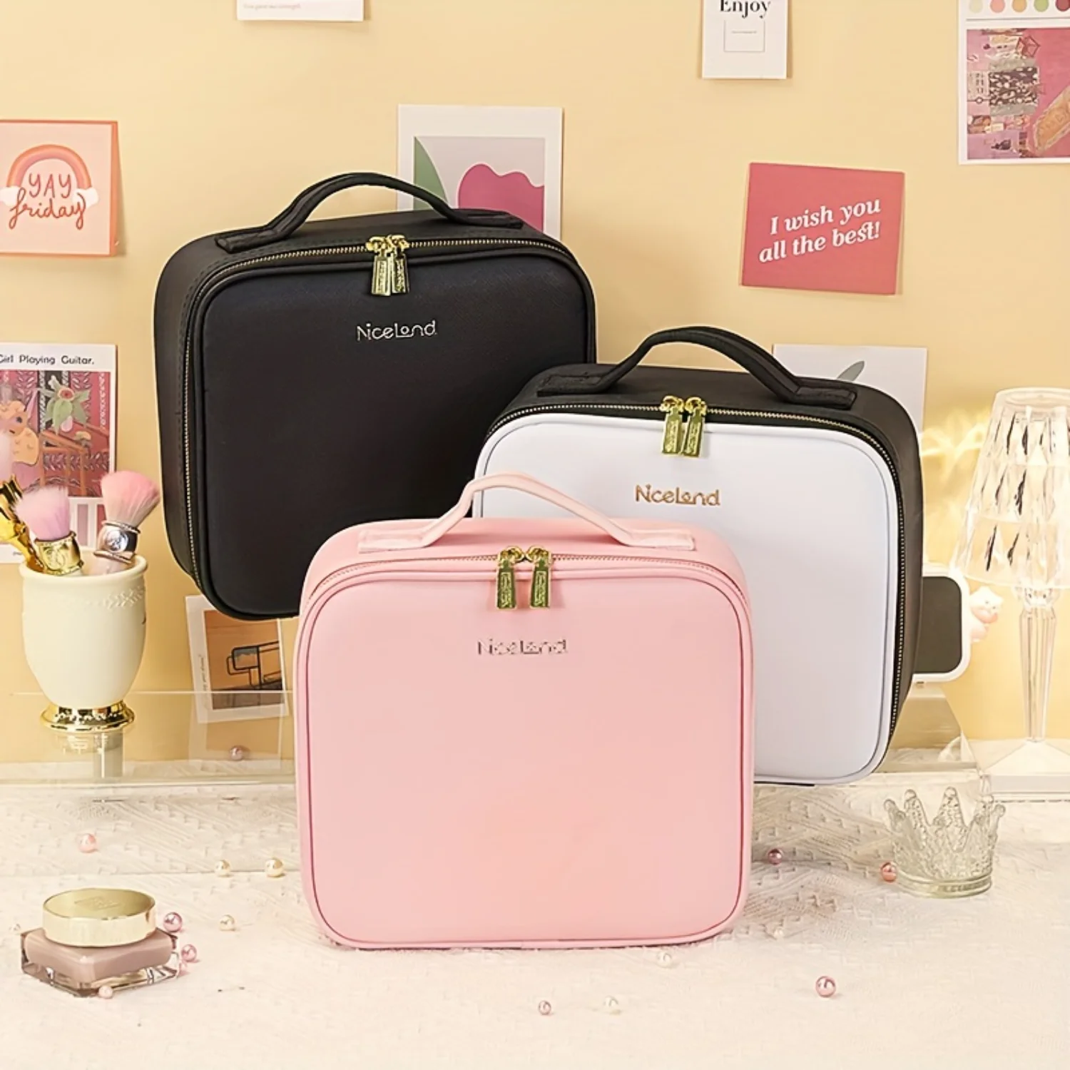 Portable Makeup Bag with Mirror and Light for Travel - Cosmetic Organizer