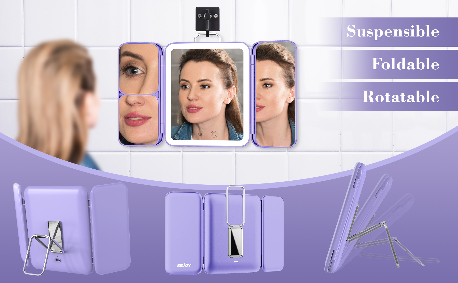 SEJOY Cosmetic Mirror LED Light Strip with 3X/7X Magnification Foldable Portable Touch Control Trifold Makeup Mirror