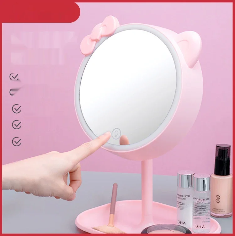 Pink Cat Makeup Mirror with Led Mirrors Standing Mirror Touch Screen Vanity Mirror Adjustable Light Desk Cosmetic Mirrors