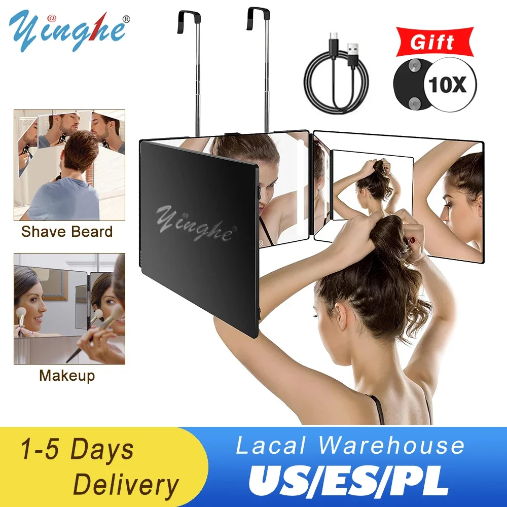 5 Way Mirror for Self Hair Cutting, 360 Mirror for Braiding, 5 Sided Barber Mirrors with Light, Makeup Mirror with Hooks