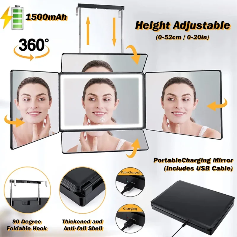 5 Way Mirror for Self Hair Cutting, 360 Mirror for Braiding, 5 Sided Barber Mirrors with Light, Makeup Mirror with Hooks