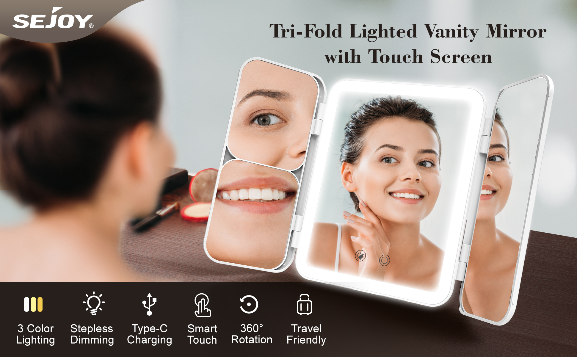 SEJOY Cosmetic Mirror LED Light Strip with 3X/7X Magnification Foldable Portable Touch Control Trifold Makeup Mirror