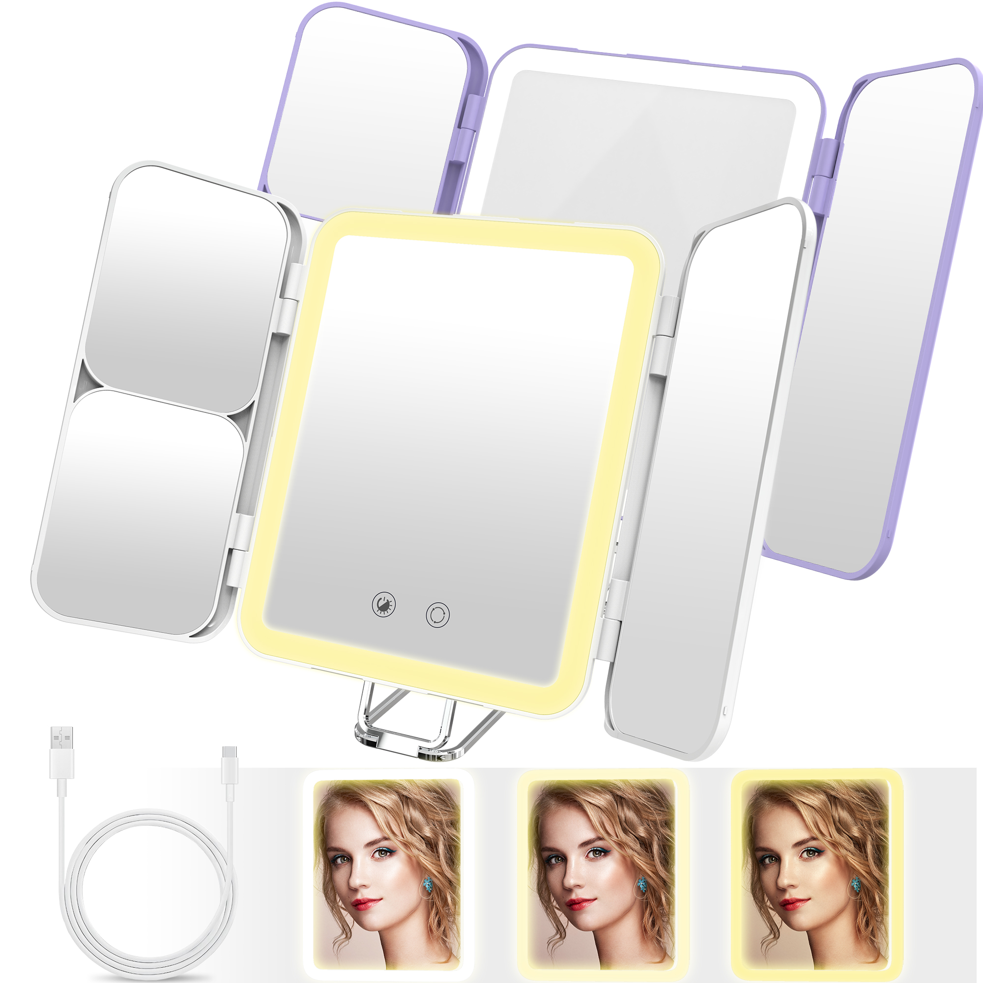 SEJOY Cosmetic Mirror LED Light Strip with 3X/7X Magnification Foldable Portable Touch Control Trifold Makeup Mirror