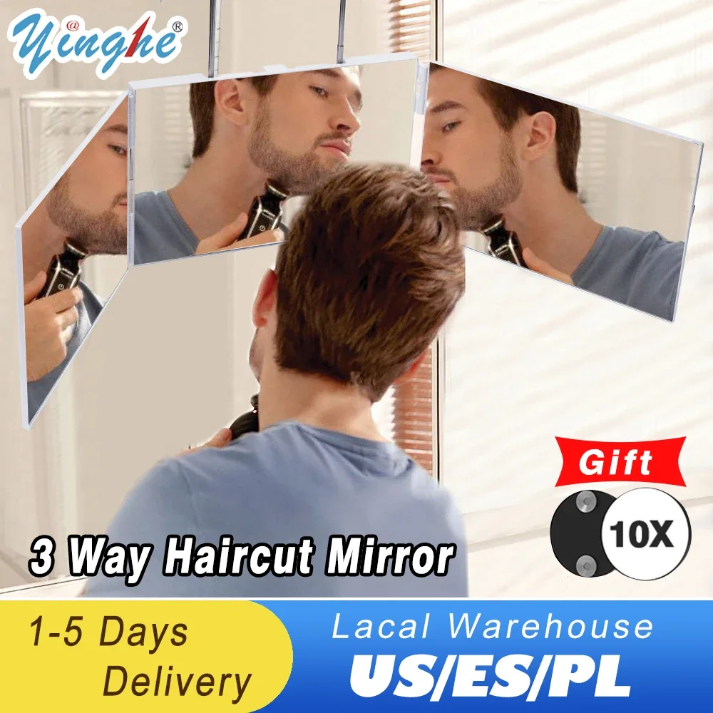 360° Adjustable 3 Way Mirror Trifold Mirror Self Hairdressing Mirror Three-fold Mirror Hair Cutting And Styling DIY Haircut Tool