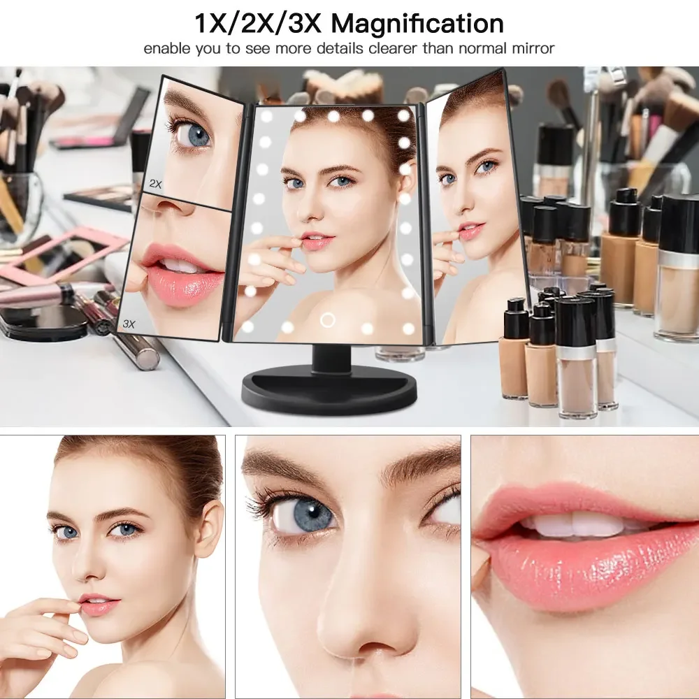 Portable Makeup Mirror Led Light Touch Screen Vanity Mirror with 21 LED Lights 1X/2X/3X Magnifying 3 Folding Cosmetic Mirror