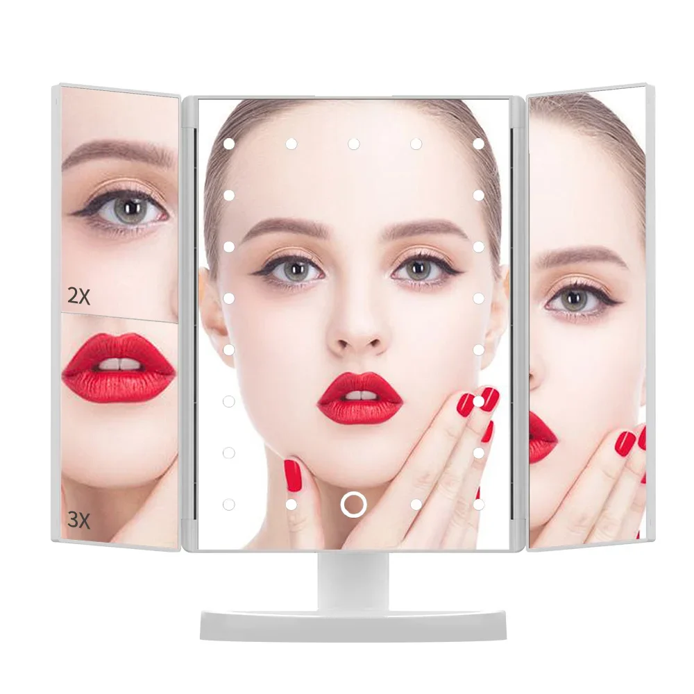 Portable Makeup Mirror Led Light Touch Screen Vanity Mirror with 21 LED Lights 1X/2X/3X Magnifying 3 Folding Cosmetic Mirror