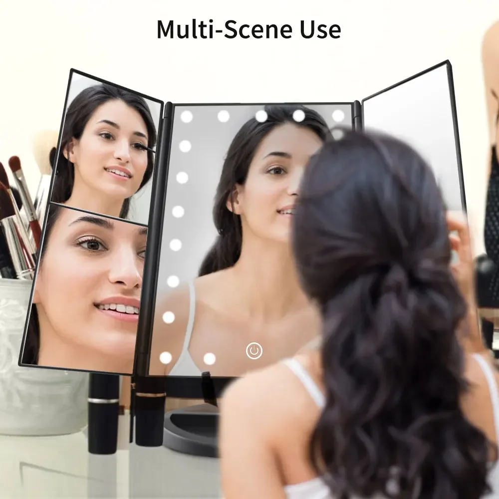 Portable Makeup Mirror Led Light Touch Screen Vanity Mirror with 21 LED Lights 1X/2X/3X Magnifying 3 Folding Cosmetic Mirror