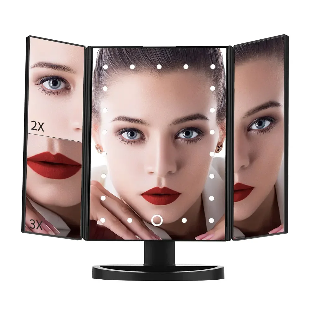 Portable Makeup Mirror Led Light Touch Screen Vanity Mirror with 21 LED Lights 1X/2X/3X Magnifying 3 Folding Cosmetic Mirror