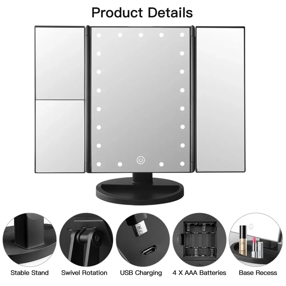 Portable Makeup Mirror Led Light Touch Screen Vanity Mirror with 21 LED Lights 1X/2X/3X Magnifying 3 Folding Cosmetic Mirror