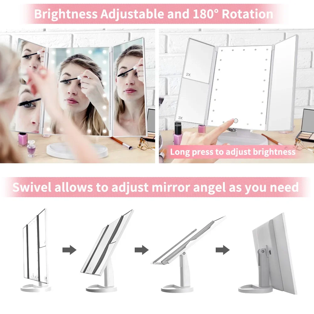 Portable Makeup Mirror Led Light Touch Screen Vanity Mirror with 21 LED Lights 1X/2X/3X Magnifying 3 Folding Cosmetic Mirror