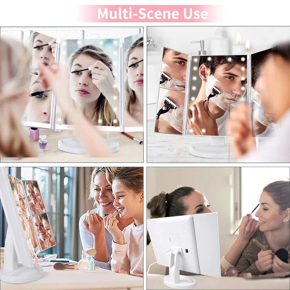 Portable Makeup Mirror Led Light Touch Screen Vanity Mirror with 21 LED Lights 1X/2X/3X Magnifying 3 Folding Cosmetic Mirror