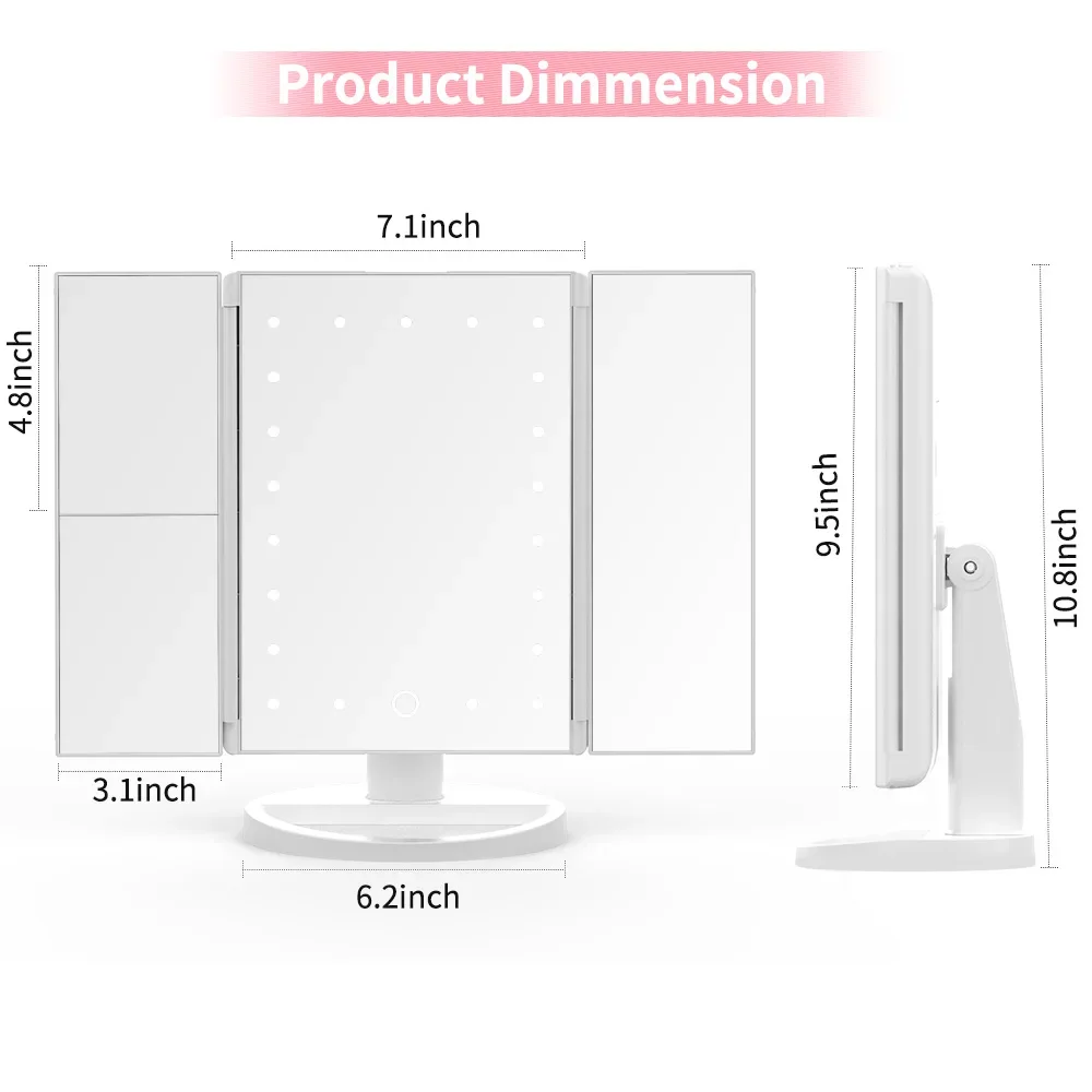 Portable Makeup Mirror Led Light Touch Screen Vanity Mirror with 21 LED Lights 1X/2X/3X Magnifying 3 Folding Cosmetic Mirror