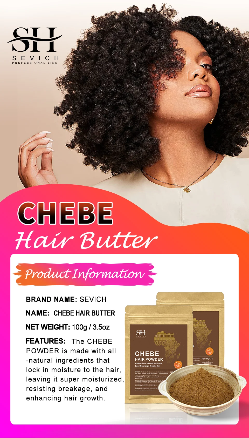 Sevich Hot sale 100g Chebe Powder From Chad 100% Natural Hair Regrowth 2 Month Super Fast Hair Growth Treatment Get Rid of Wigs