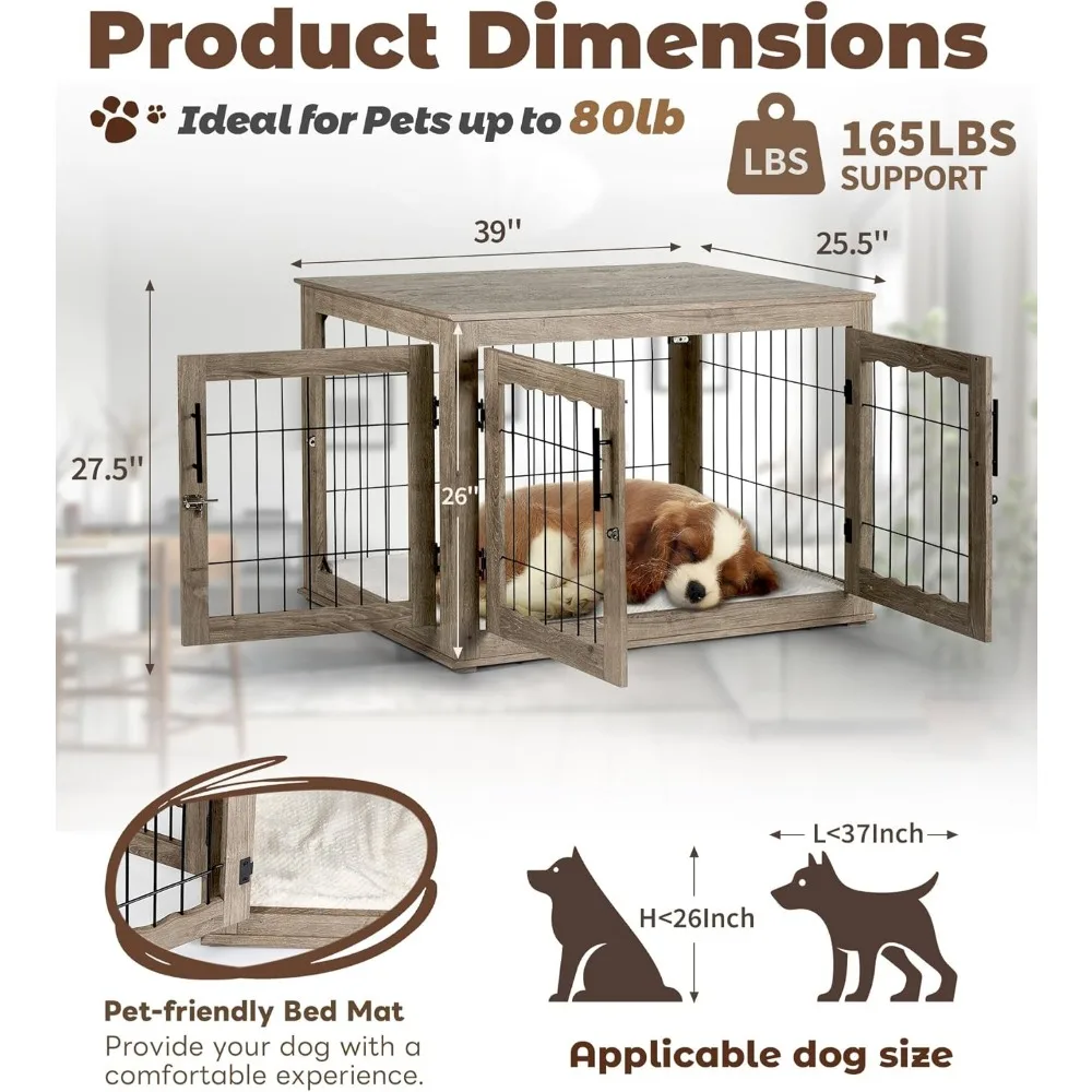 Dog cage.Large Dog Crate Furniture, 38 inch Dog Crates with Bed Pad, Wooden Kennel Furniture, End Table Cage with 3Doors