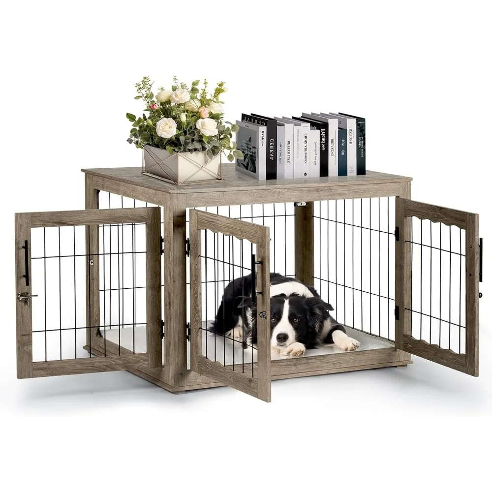 Dog cage.Large Dog Crate Furniture, 38 inch Dog Crates with Bed Pad, Wooden Kennel Furniture, End Table Cage with 3Doors