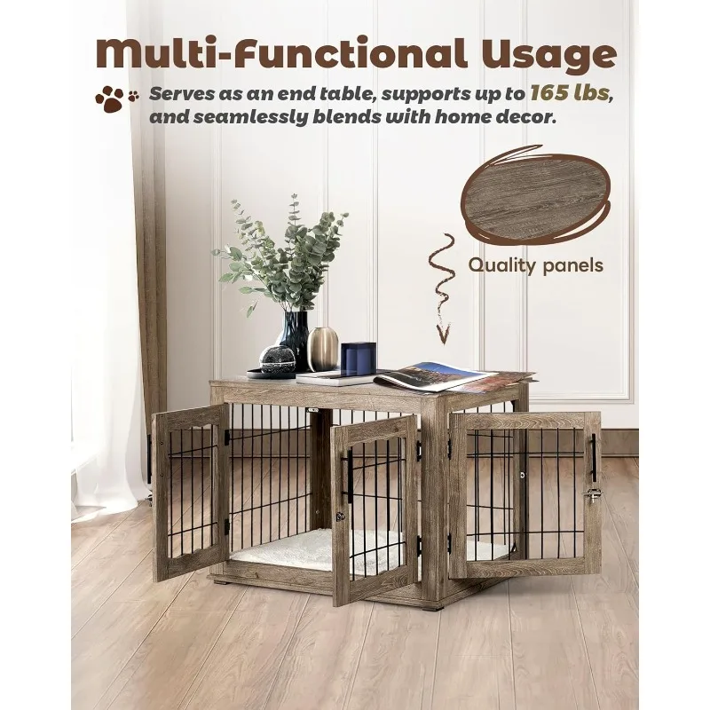 Dog Crate Furniture with Bed Pad, 32 inch Medium Wooden Dog Kennel Furniture, End Table Dog Cage with 3 Doors, Greige