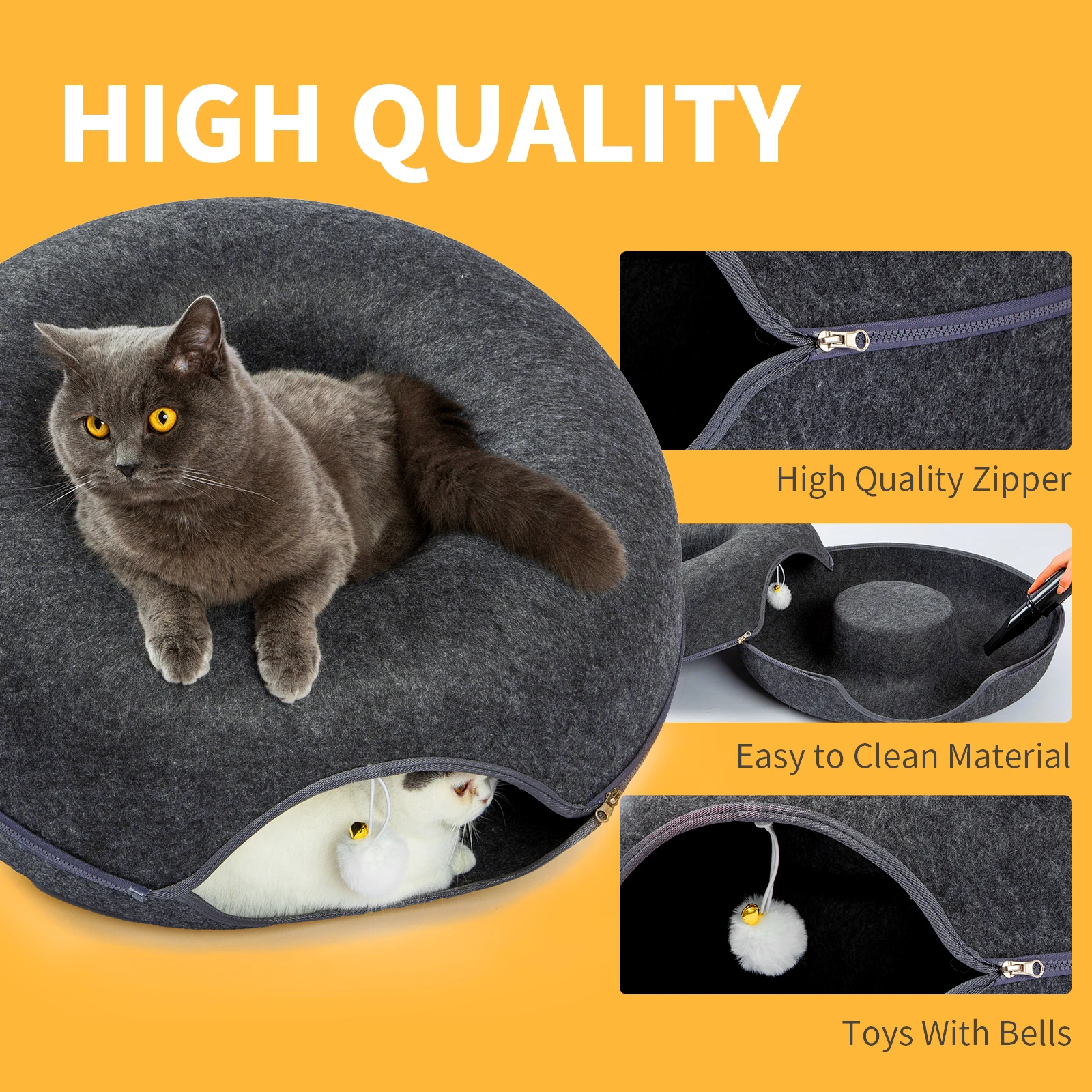 24 Inch Large Donut Cat Bed - Spacious Peekaboo Cat Cave for Multiple Cats Up to 30 Lbs, Detachable and Washable Wool Felt Tunne