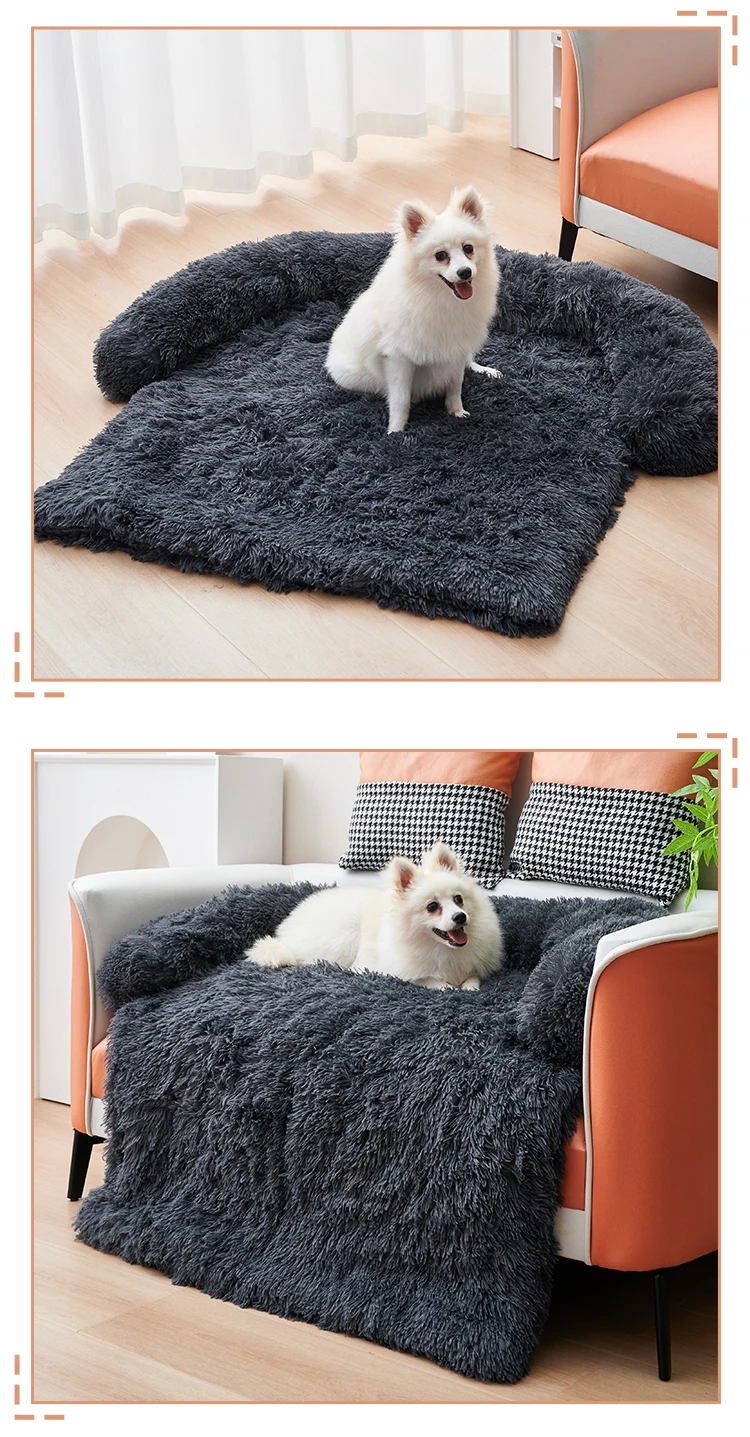 Calming Dog Bed Fluffy Plush Dog Mat for Furniture Protector with Zipper Removable Washable Cover for Large Medium Dogs and Cats