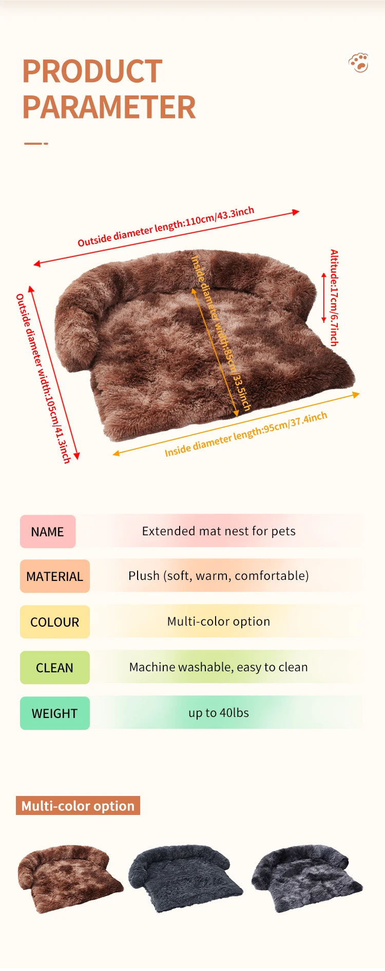 Calming Dog Bed Fluffy Plush Dog Mat for Furniture Protector with Zipper Removable Washable Cover for Large Medium Dogs and Cats