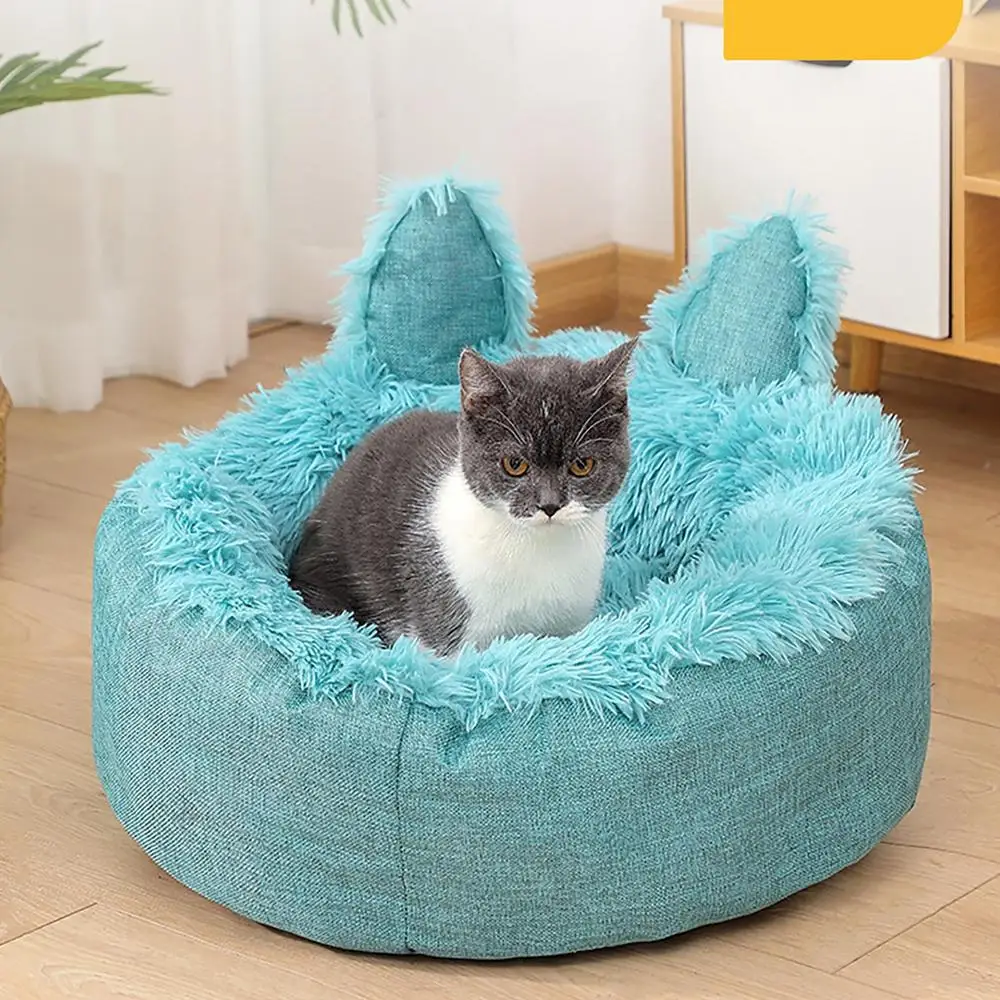 Cat Sleeping Bed Cat Ear Cat Crate Cushion Furry Cat Crate Cushion Removable Cat Nest Bed With Non-slip Bottom For Cold Weather