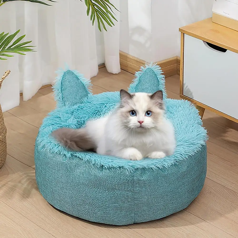 Cat Sleeping Bed Cat Ear Cat Crate Cushion Furry Cat Crate Cushion Removable Cat Nest Bed With Non-slip Bottom For Cold Weather