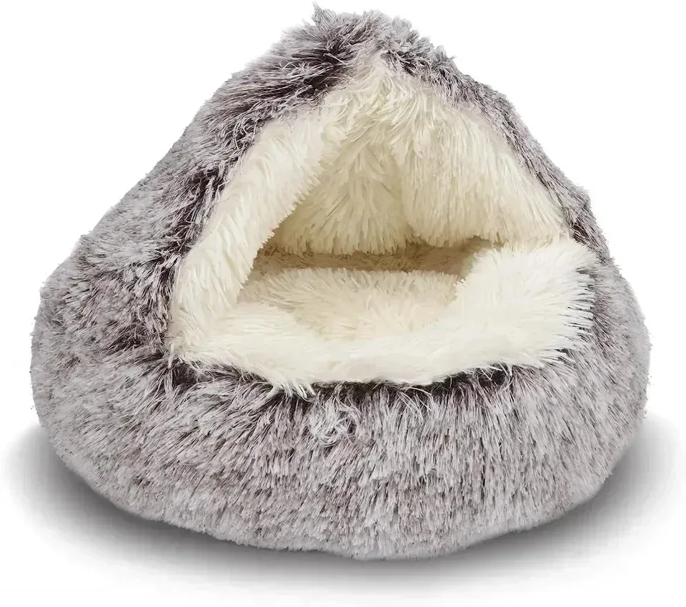 Round Cat Bed Winter Long Plush Pet Cat Bed with Cover Warms Cats Dog Comfortable Sleeping Nest Kennel Warms Smalls Kitten House