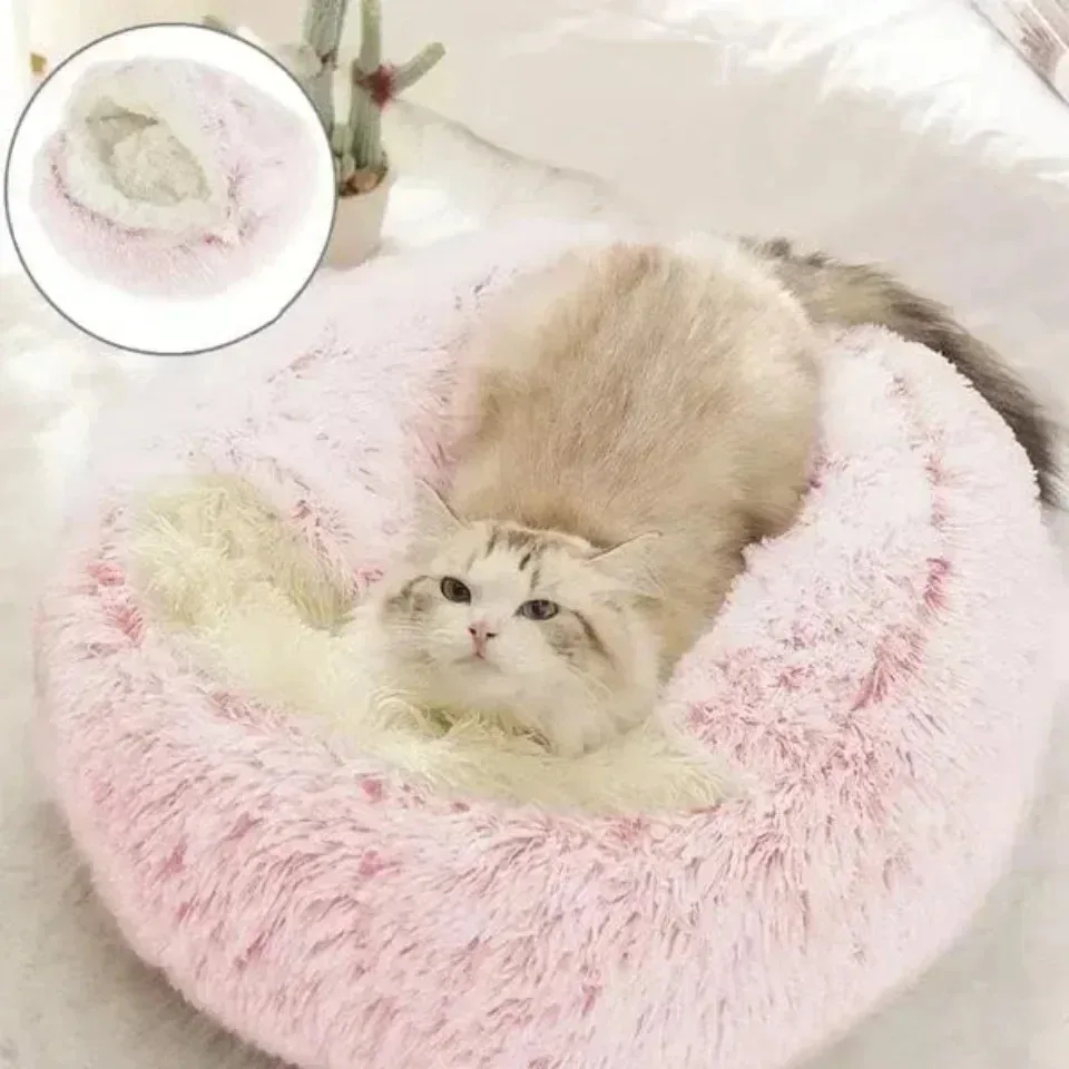 Round Cat Bed Winter Long Plush Pet Cat Bed with Cover Warms Cats Dog Comfortable Sleeping Nest Kennel Warms Smalls Kitten House