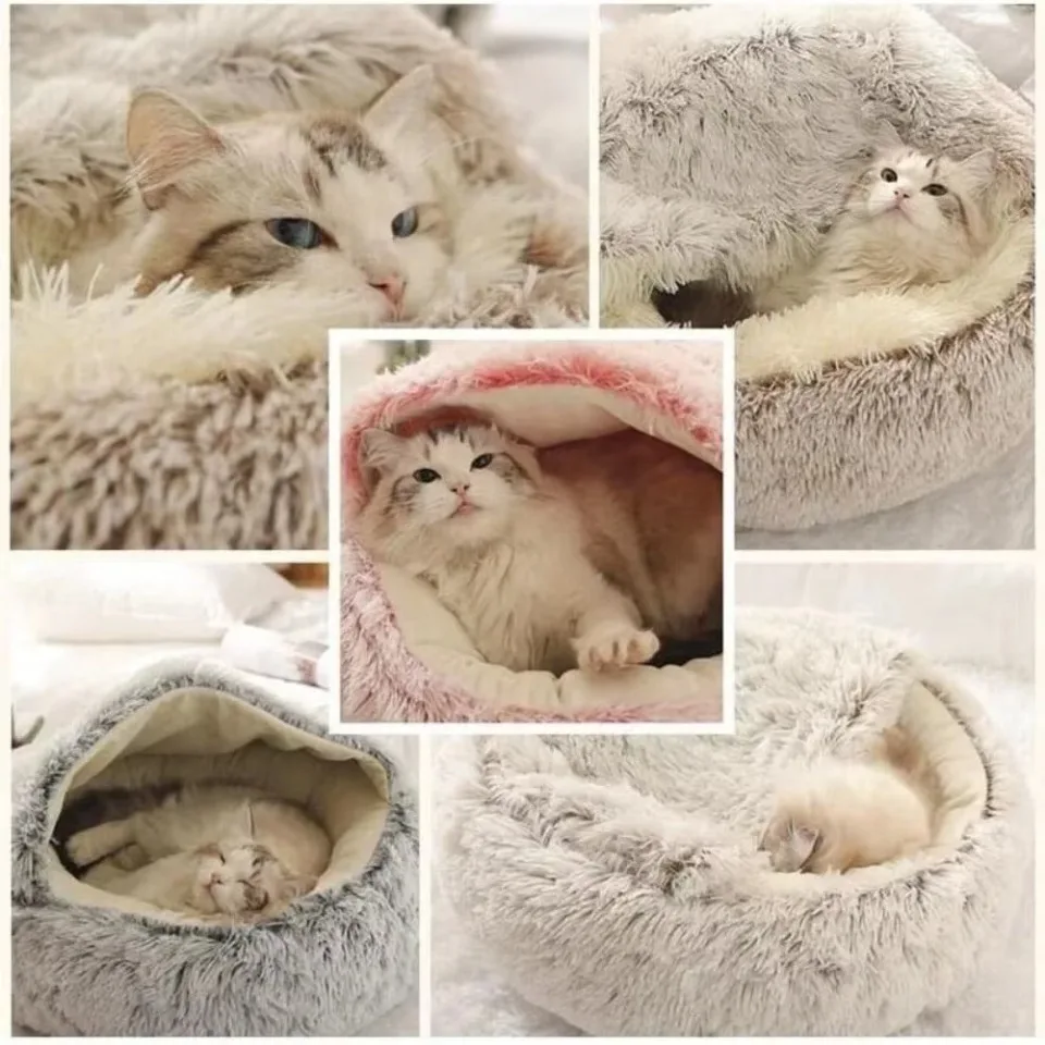 Round Cat Bed Winter Long Plush Pet Cat Bed with Cover Warms Cats Dog Comfortable Sleeping Nest Kennel Warms Smalls Kitten House