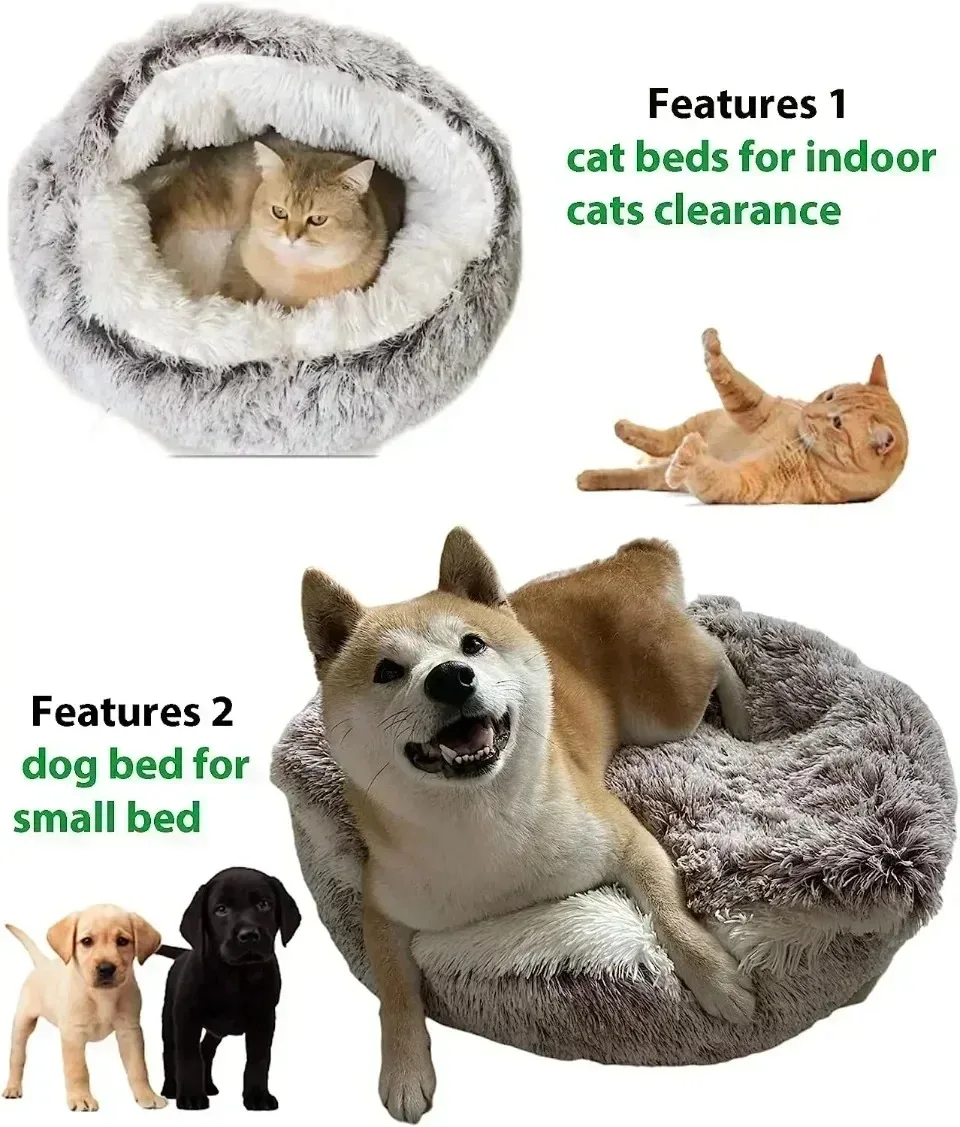 Round Cat Bed Winter Long Plush Pet Cat Bed with Cover Warms Cats Dog Comfortable Sleeping Nest Kennel Warms Smalls Kitten House