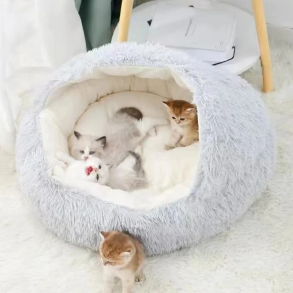 Round Cat Bed Winter Long Plush Pet Cat Bed with Cover Warms Cats Dog Comfortable Sleeping Nest Kennel Warms Smalls Kitten House