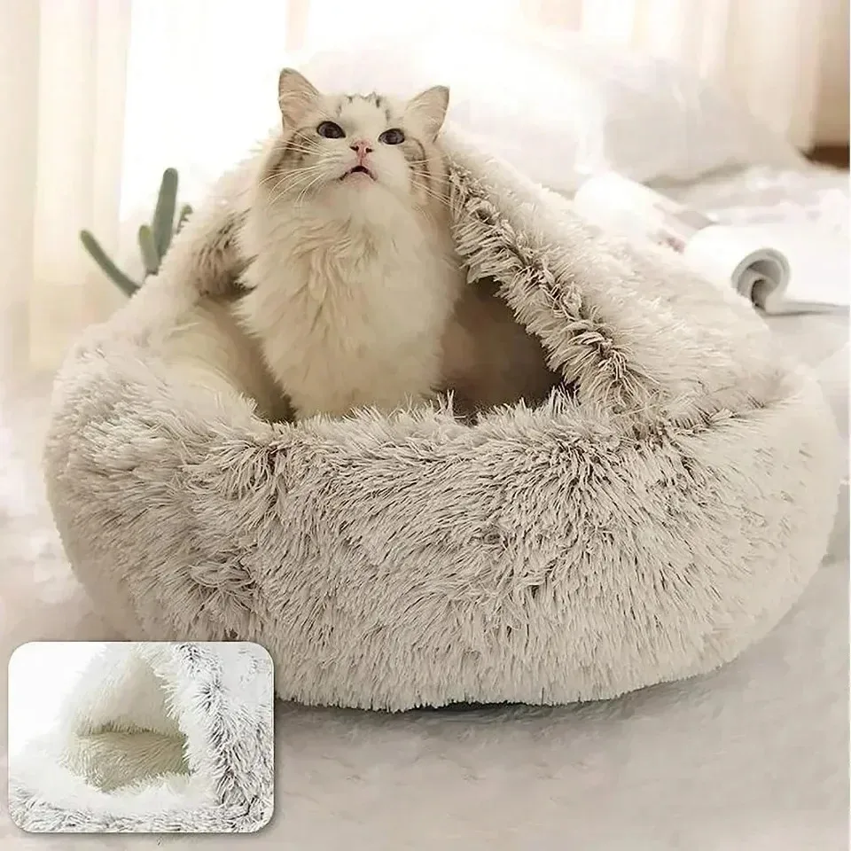 Round Cat Bed Winter Long Plush Pet Cat Bed with Cover Warms Cats Dog Comfortable Sleeping Nest Kennel Warms Smalls Kitten House