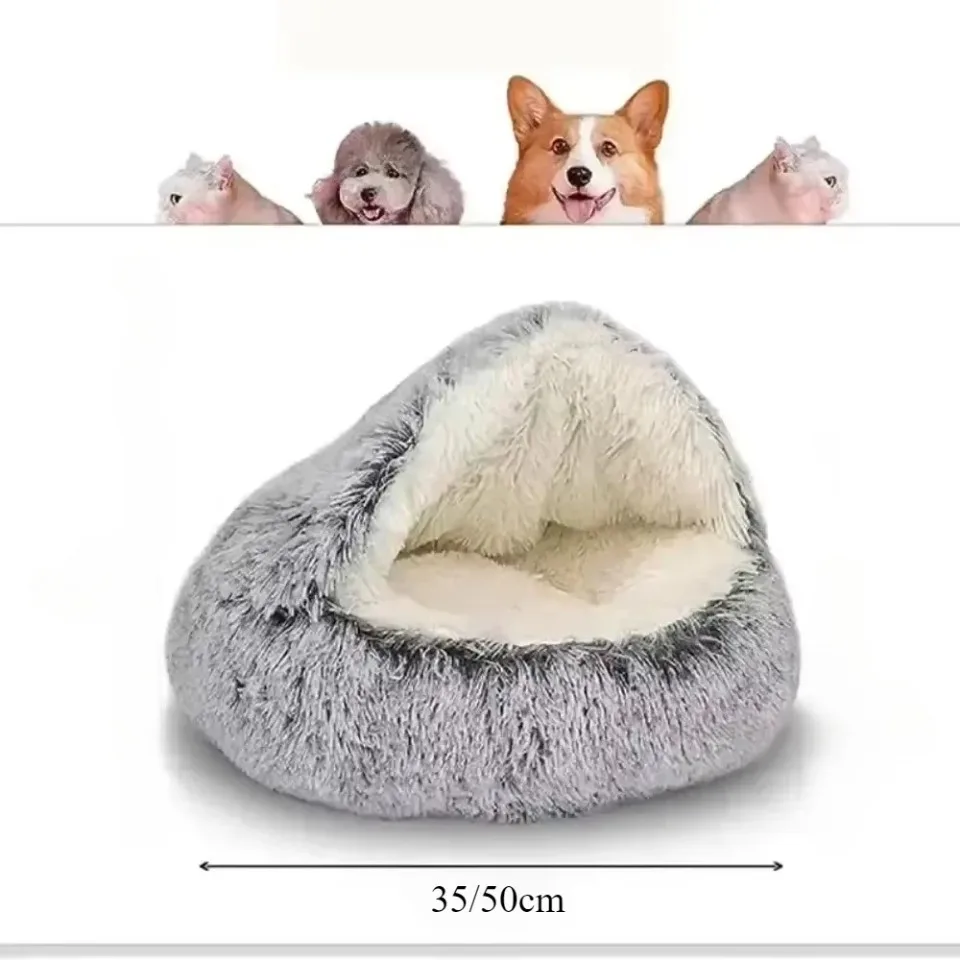 Round Cat Bed Winter Long Plush Pet Cat Bed with Cover Warms Cats Dog Comfortable Sleeping Nest Kennel Warms Smalls Kitten House