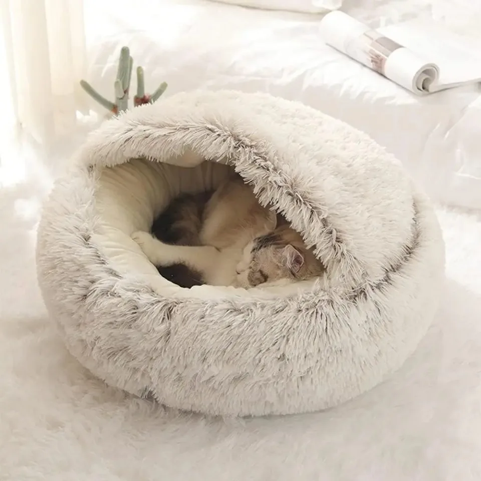 Round Cat Bed Winter Long Plush Pet Cat Bed with Cover Warms Cats Dog Comfortable Sleeping Nest Kennel Warms Smalls Kitten House