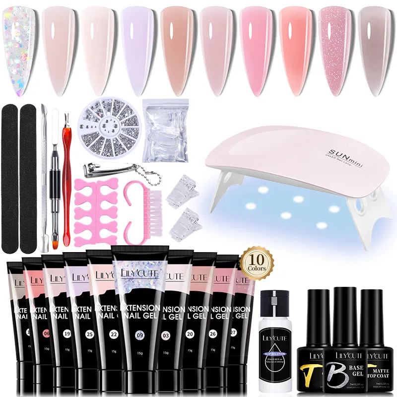 LILYCUTE Nail Gel Kit 6W LED Lamp Full Manicure Set Vernis Semi Permanent Quick Extension Gel Nail Acrylic Solution For Nail Art