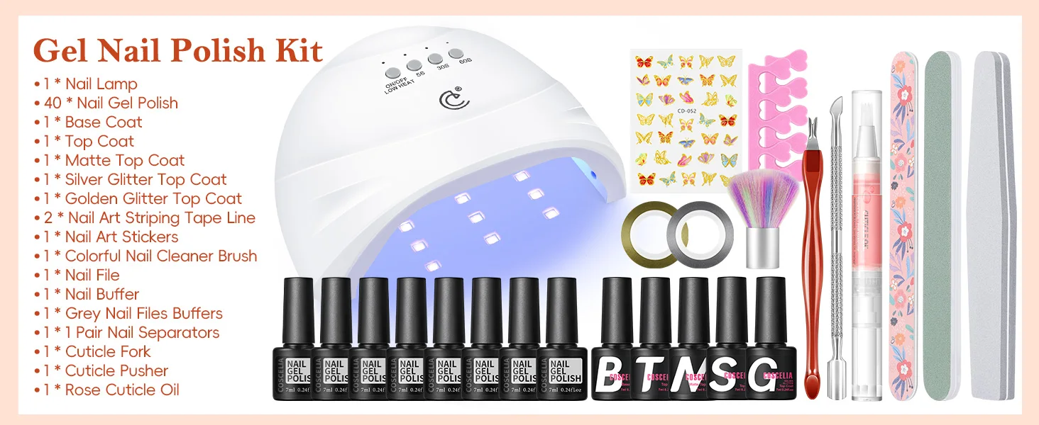 Coscelia Manicure Kits with 40PCS Nail Gel Polish Nail Lamp Matte Top and Base Coat Nail Cleaner Brush Nail Art Design Tools