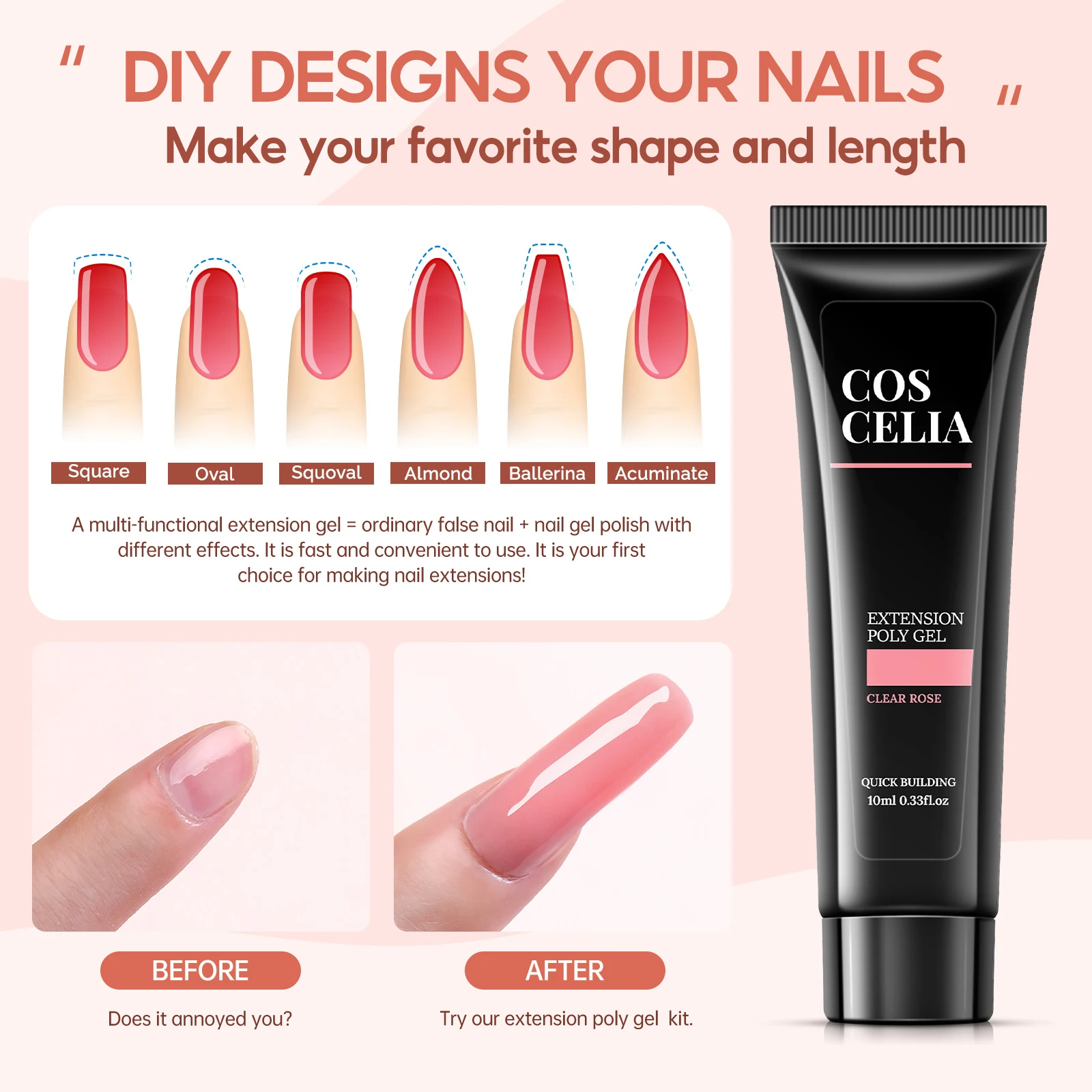 Coscelia 10ML Poly Extension Gel Set with 6W Nail Lamp Slip Solution Matte Top Coat and Base Coat French Nail Sticker for Women