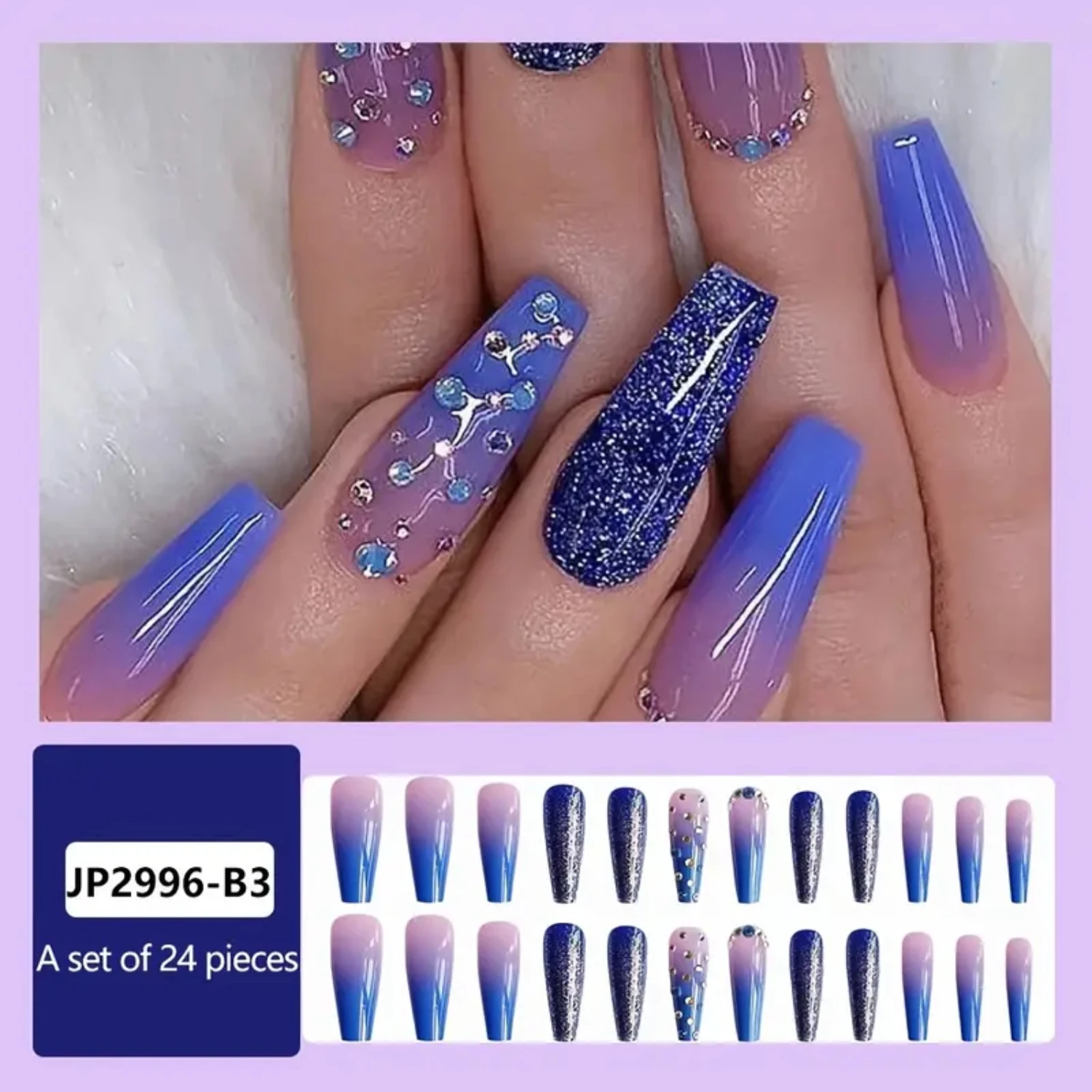 Blue Sparkly Rhinestone Long Coffin Stick On Nails for Women - Trendy Press On Nails Nail kits Nail display tips Toe nails Gel x