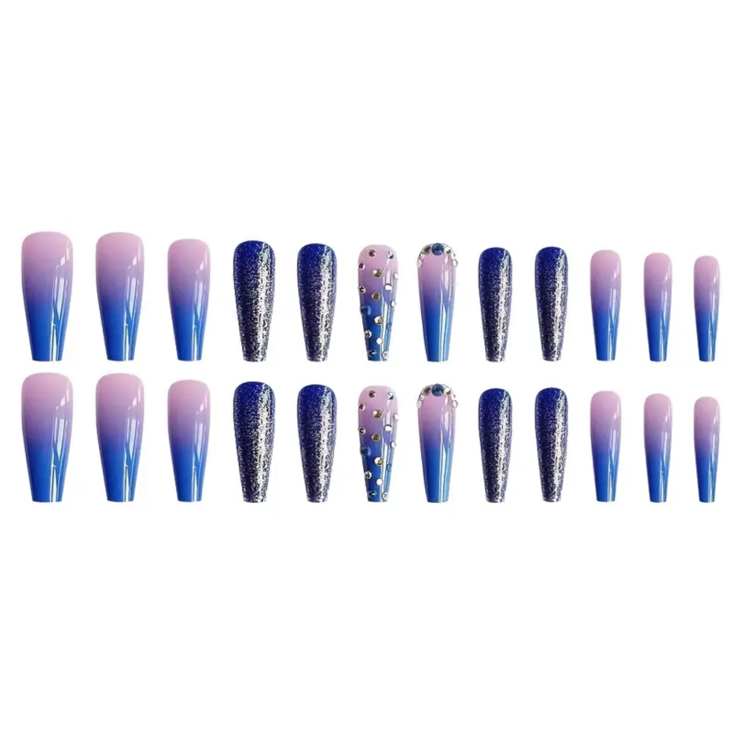 Blue Sparkly Rhinestone Long Coffin Stick On Nails for Women - Trendy Press On Nails Nail kits Nail display tips Toe nails Gel x