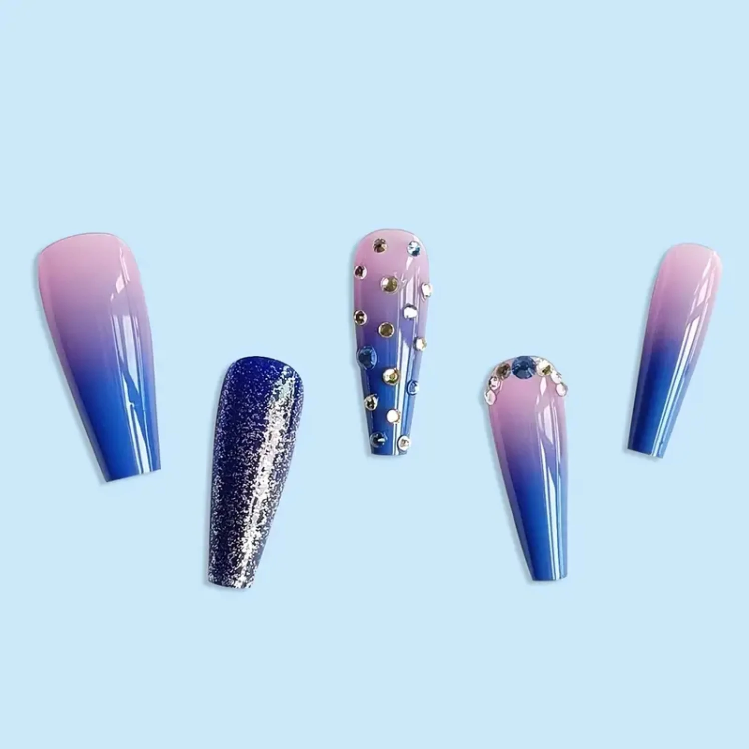 Blue Sparkly Rhinestone Long Coffin Stick On Nails for Women - Trendy Press On Nails Nail kits Nail display tips Toe nails Gel x