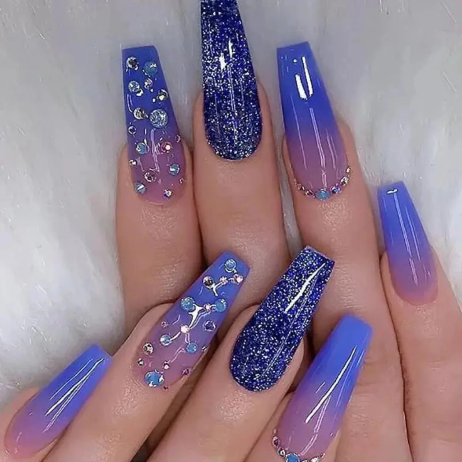 Blue Sparkly Rhinestone Long Coffin Stick On Nails for Women - Trendy Press On Nails Nail kits Nail display tips Toe nails Gel x