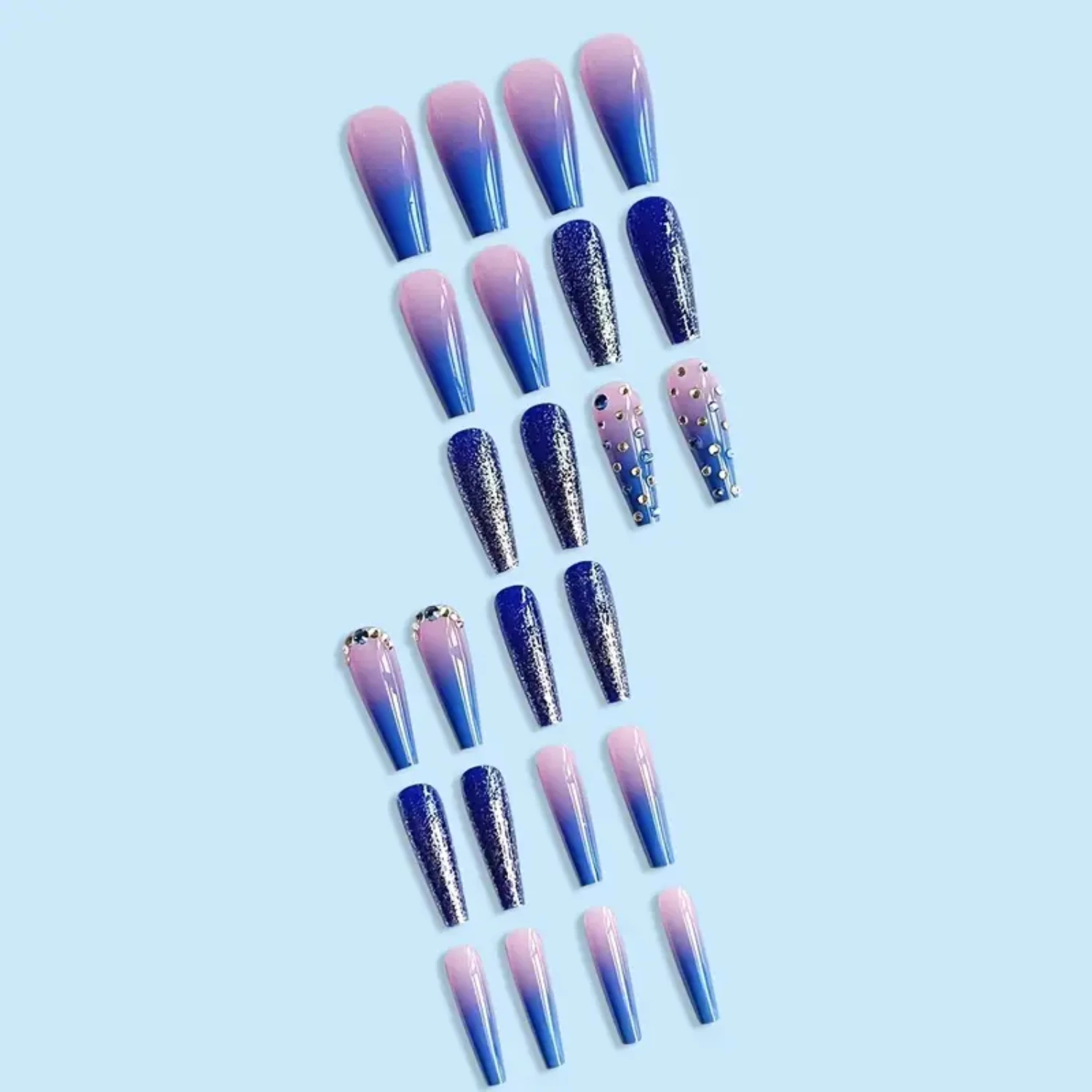 Blue Sparkly Rhinestone Long Coffin Stick On Nails for Women - Trendy Press On Nails Nail kits Nail display tips Toe nails Gel x