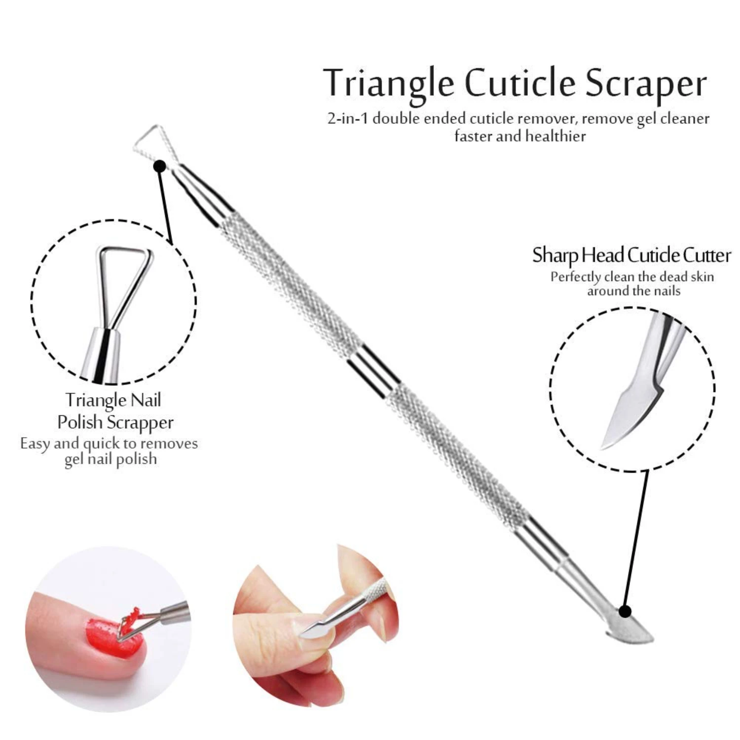 High-quality stainless steel set for precise cuticle pusher - essential pedicure and manicure tool for gel nail polish removal.