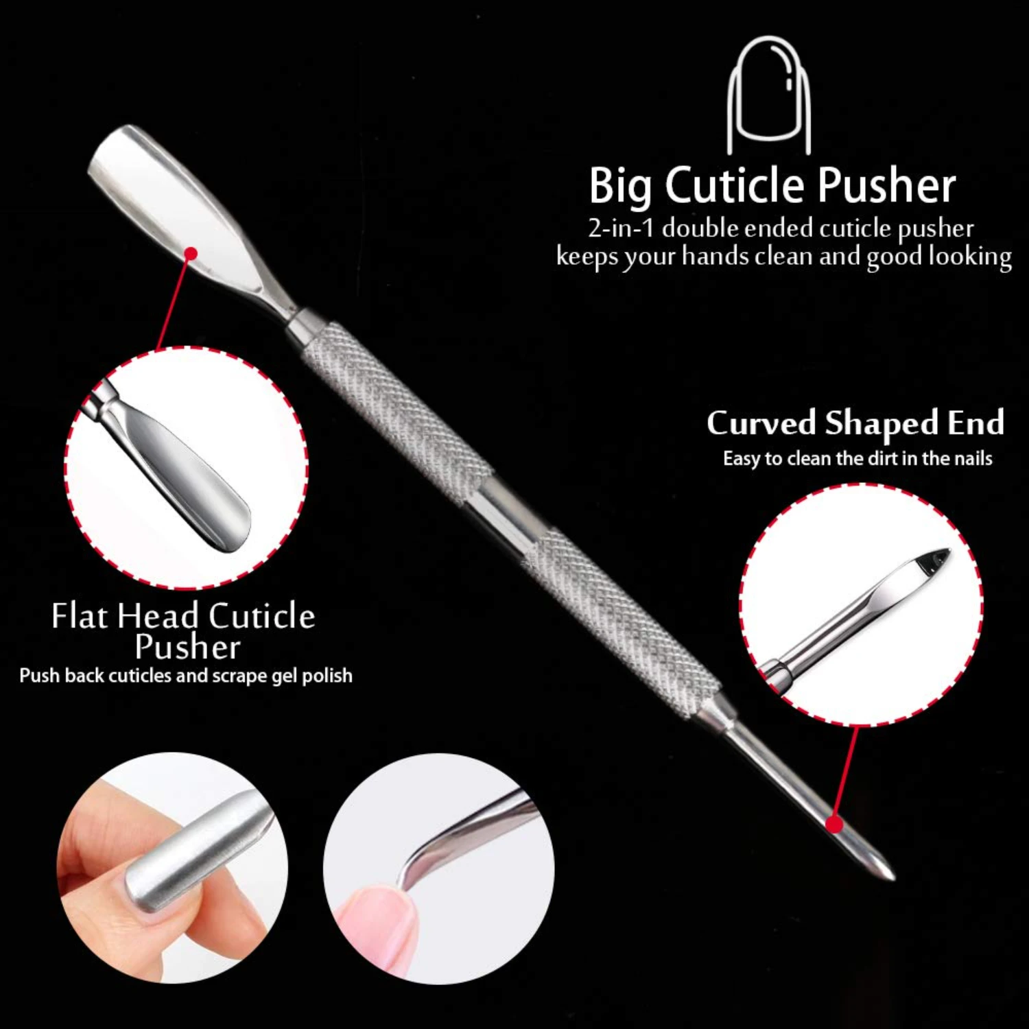High-quality stainless steel set for precise cuticle pusher - essential pedicure and manicure tool for gel nail polish removal.